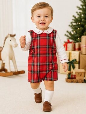 Edgehill Collection Candy Cane Shortall Set Kids Red Plaid Size 12M NWT